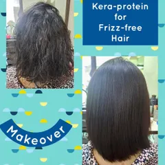 This client's frizzy hair was smoothed and styled with a Kera-Protein treatment. The 'after' photo shows a sleek, healthy bob that is now much easier for her to manage.
