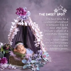 The sweet spot for a newborn photoshoot is between 7 and 15 days after birth. This is when babies are still very sleepy and naturally curl into those adorable poses, like this little one in her floral tent.