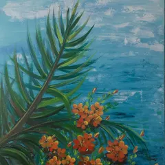 A tropical scene where vibrant orange flowers meet the blue sea. This acrylic painting captures the feeling of a warm, breezy day by the coast, full of color and life.