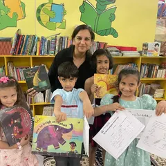 An offline book club session with our youngest group of readers. We use fun worksheets and activities to help them engage with the story and express their understanding.