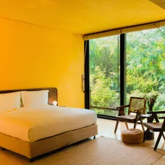 Another perspective of the Banyan Suite's main bedroom, showing the seating area perfect for morning coffee while gazing into the trees.