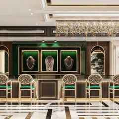 The main retail area of the jewellery showroom, with elegant display counters, upholstered high chairs for customers, and dramatic overhead lighting.