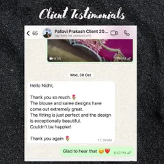 "The fitting is just perfect and the design is exceptionally beautiful. Couldn't be happier!" A lovely message from my client Pallavi. This is why I do what I do.