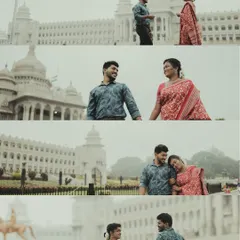 A collage of a couple's retro-themed pre-wedding shoot in front of Bengaluru's Vidhana Soudha, capturing a classic city romance.