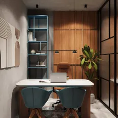 This 3D render showcases a private office cabin design. I combined warm wood paneling with a modern fluted glass partition to create a space that feels both open and private. The patterned floor tiles and minimalist art add character, while the focused lighting ensures a productive environment.