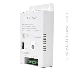 A side view of the CP Plus 4-channel power supply unit. Its compact plastic case and clear labeling for each channel make for a tidy and straightforward installation.