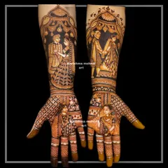 A narrative design showing the complete wedding story, from the bride's portrait to the couple's rituals. The palms feature intricate depictions of the bride and the varmala ceremony, creating a beautiful and personal piece of art.
