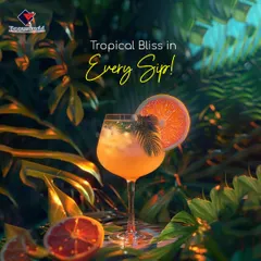 Another one of our tropical bliss cocktails, this time featuring a dehydrated grapefruit wheel and a palm leaf garnish. The presentation is designed to transport you to a lush, exotic getaway.