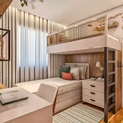 For compact Bangalore apartments, I design smart space-saving solutions. This custom loft bed integrates a comfortable sleeping area above a dedicated study space and storage, making the most of a small room's vertical space.