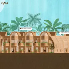 The Ramparts is our unbuilt vision for a housing project in Goa, inspired by the region's history. This illustration shows how four unique home typologies, including the Lighthouse and Battery House, converge to form a single, narrative-driven community.