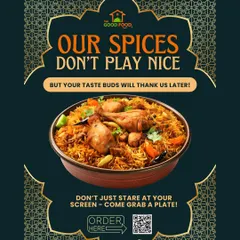 Our spices don't play nice, but your taste buds will thank us later. Don't just stare at your screen, come grab a plate of our bold and flavorful biryani.