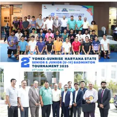 The winners and officials of the Haryana State Badminton Championship. Our role as event managers includes coordinating with association heads and ensuring a successful event for all stakeholders.