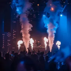 A wide shot of the stage at Illuzions Hyderabad, complete with pyro and CO2 jets. I work with venues to create a full-scale production for every show.