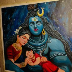 The complete Shiv Parivar painting, showing the divine family in a peaceful embrace. This 24x24 inch acrylic on canvas piece is available for purchase to bring blessings to your home.