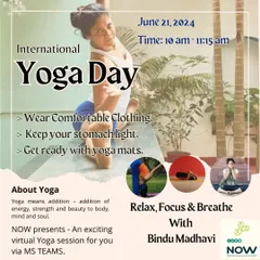 An announcement for a virtual International Yoga Day session. I am always excited to share the gift of yoga with new communities, helping people relax, focus, and breathe, wherever they are.