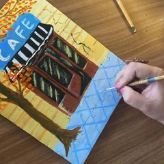 A close-up of a puzzle painting in progress. It's a fun challenge to paint a picture that will eventually be taken apart and put back together.