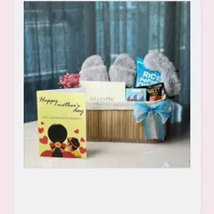 Another style of our Mother's Day hamper, featuring a cozy spa theme with slippers, a face mask, and healthy snacks, complete with a heartfelt card.