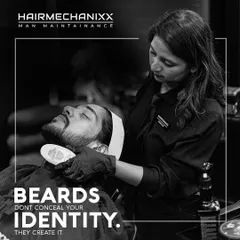 Your beard doesn't conceal your identity, it creates it. Here, our skilled lady barber is performing a premium beard service, proving that expert grooming is an art form.
