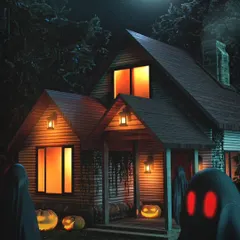 A classic haunted house scene set on a moonlit night. I used warm, inviting lights inside the house to contrast with the spooky, sheet-covered ghosts and jack-o'-lanterns outside, creating a sense of deceptive safety.