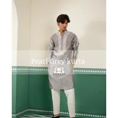 A stylized full-length shot of the pearl grey kurta, a piece of subtle and sophisticated festive wear.