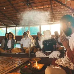 Here, we gather for a fire ceremony, a sacred ritual to purify the mind and set intentions. The rising smoke carries our prayers, and the warmth of the flame connects us to the divine energy that flows through all of life. This is the spiritual heart of our training, a practice that goes far beyond physical postures.