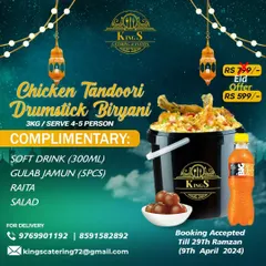 This is our special Eid offer. A full 3kg bucket of our Chicken Tandoori Drumstick Biryani that serves 4-5 people. It comes with complimentary soft drink, gulab jamun, raita, and salad. All for just ₹599.