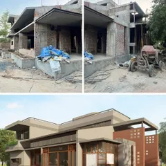 **Of Courtyards and Corners, Ahmedabad:** A comparison of the 3D render and the actual construction progress. This shows how the complex volumes and courtyard-centric design are taking shape on site.