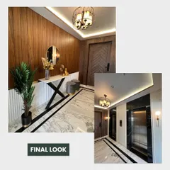 The final, realized version of our Santacruz lobby design. As you can see, the execution stays true to the 3D render, delivering on our promise of quality and precision from the digital drawing board to the finished physical space.