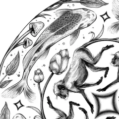 A close-up showing the interplay between the koi, mushrooms, and lotus elements in the outer ring of the mandala.