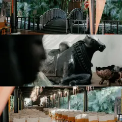 A collage of venue and decor details from a wedding, including the entrance bridge, traditional statues, and the seating arrangement, setting the scene for the day.