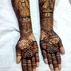 I believe mehndi tells a story. In my classes, you will learn how to create beautiful figurative work, like the traditional bride and groom portraits shown here, bringing a personal and narrative touch to your bridal designs.