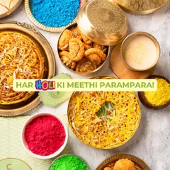 Har Holi ki meethi parampara. My festive platters for Holi are a vibrant mix of traditional sweets like Gujiya and Ghevar, perfect for celebrating the festival of colors with joy and authentic flavors.