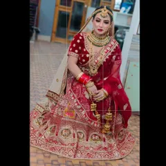 A full bridal look for rent. This client is ready for her big day in a traditional red velvet lehenga with elephant motifs and heavy gold embroidery, complete with layered necklaces and a maang tikka.
