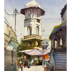 This watercolor painting depicts a historic clock tower in a busy Indian city. My goal was to capture the architectural details and the lively atmosphere of the street below.