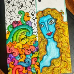 A handmade bookmark split into two designs: one side features a colorful, abstract swirl pattern, and the other a portrait of a woman with flowing hair.