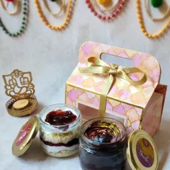 For a smaller but equally sweet Diwali gift, I offer this two-jar hamper. It comes in a lovely pink and gold box and you can choose any two of my cake jar flavors to go inside.