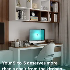 Your 9-to-5 deserves more than a chair from the kitchen. This home workstation is designed for comfort and productivity, with a spacious desk and stylish overhead storage.