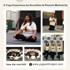 This collage captures a special yoga experience I conducted with Decathlon and Phoenix Marketcity. It highlights the different formats I offer, from on-stage guidance for large audiences to interactive group asanas.