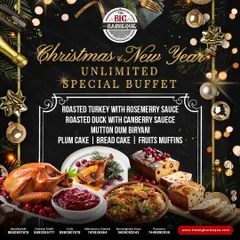 Our Christmas and New Year special buffet menu is packed with festive delights. We feature traditional holiday dishes like roasted turkey with rosemary sauce, mutton dum biryani, and classic desserts including plum cake and fruit muffins.