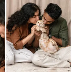A collage showing a sweet "cat sandwich" kiss, with the couple kissing Toffee from both sides. A perfect, fun-loving portrait from their at-home engagement shoot.