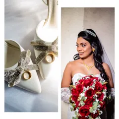 A diptych featuring a close-up of the wedding rings on the bride's shoes and a portrait of the bride herself. This creatively combines a detail shot with a classic portrait.