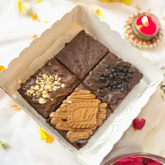 An assorted brownie box ready for Diwali gifting. This box of four includes my most popular flavors: Nutella Hazelnut, Double Chocolate Chip, and Lotus Biscoff.