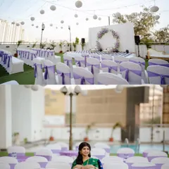 A collage showing the beautiful poolside wedding decor and a quiet moment with the bride before the ceremony. It sets the scene for a beautiful fusion wedding.