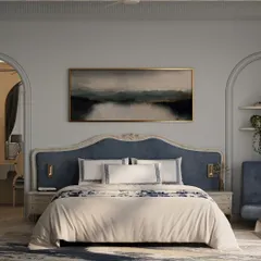 This master bedroom concept blends classical charm with a serene, modern aesthetic. The soft powder blue tones, elegant arches, and a custom-carved headboard come together to create a peaceful sanctuary that feels both luxurious and deeply personal.