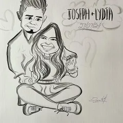A perfect gift for your special someone. This custom couple caricature captures a happy moment, complete with names and a date to remember it by.