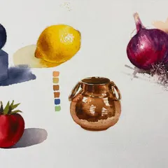 An object study sheet from my online watercolor class. We practiced painting different surfaces and forms, including a sphere, a lemon, an onion, a tomato, and a copper pot.