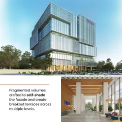 A rendering of the completed TIDEL Park, Madurai, paired with an interior view of the grand lobby. The design features fragmented volumes to self-shade the facade and create breakout terraces across multiple levels.