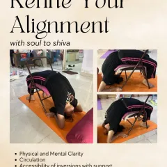 This graphic shows how we use a chair to refine alignment in supported inversions. This method provides physical and mental clarity, improves circulation, and makes the benefits of inversions accessible to everyone, regardless of their current strength.