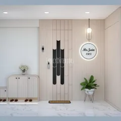 A 3D concept for a modern and minimalist entrance. I designed a sleek main door, a custom backlit nameplate, and a floating shoe rack with rounded edges.