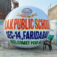 Here is the finished D.A.V. Public School balloon at my workshop before delivery. You can see the clear, bold printing of the school's name, address, and logo.